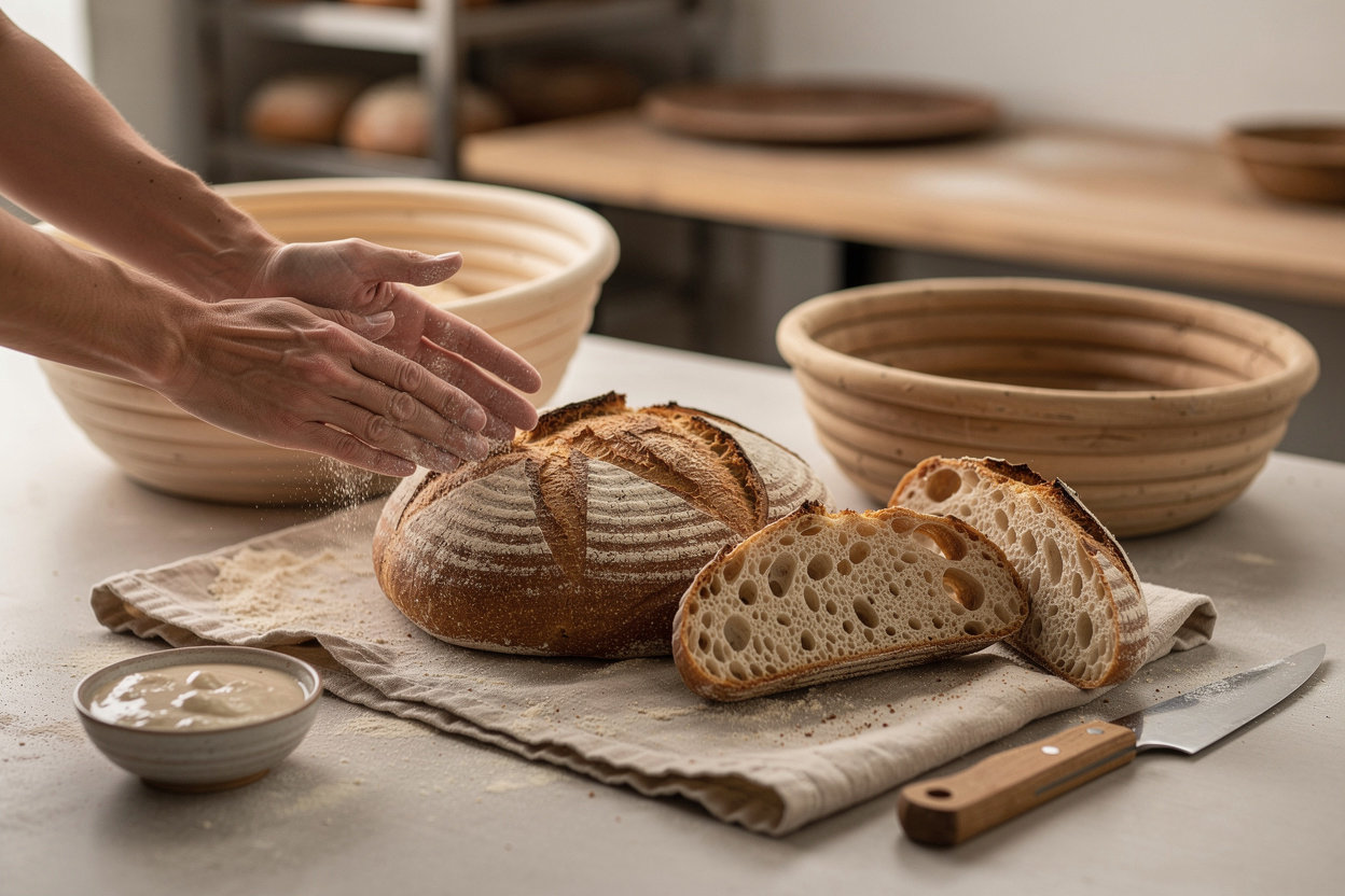 Sunrise Bakery artisan sourdough loaves with golden crust in Portland bakery